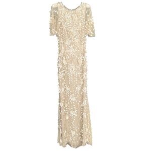 Theia Jewel Neck Mermaid Gown Flutter Sleeve Tulle In Sand Size 8 NWT